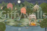 Vanara Vatika wall mural styled with wood furniture and warm light