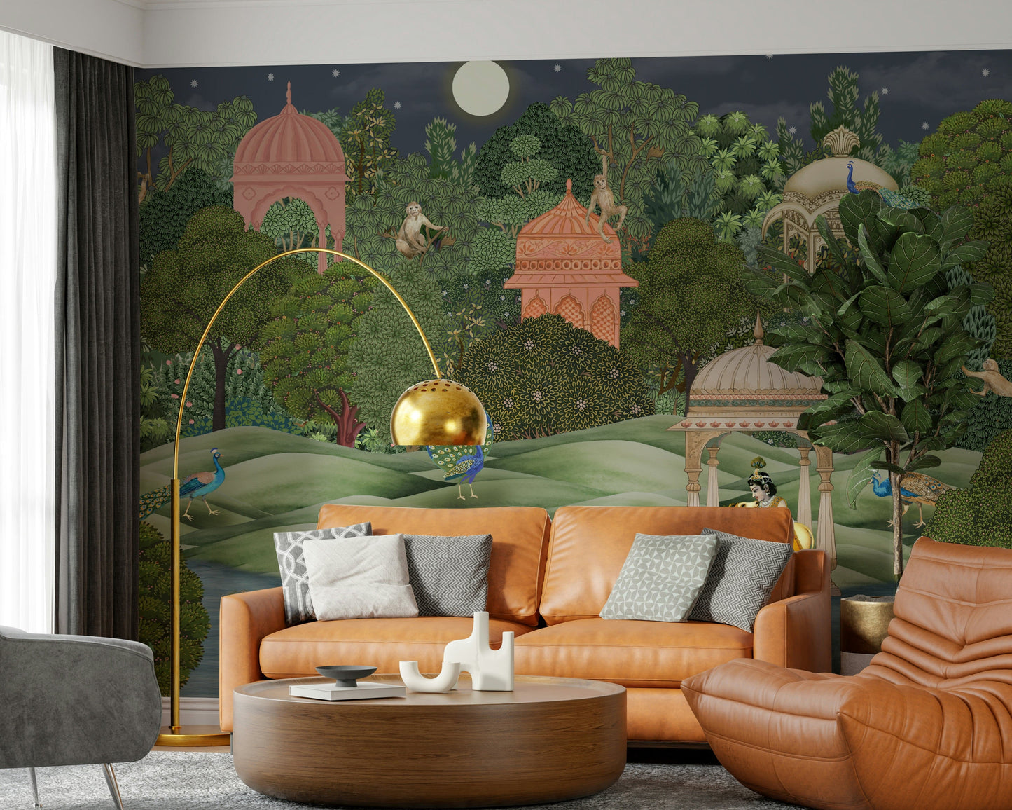 Vanara Vatika wall mural installed behind bed in bedroom