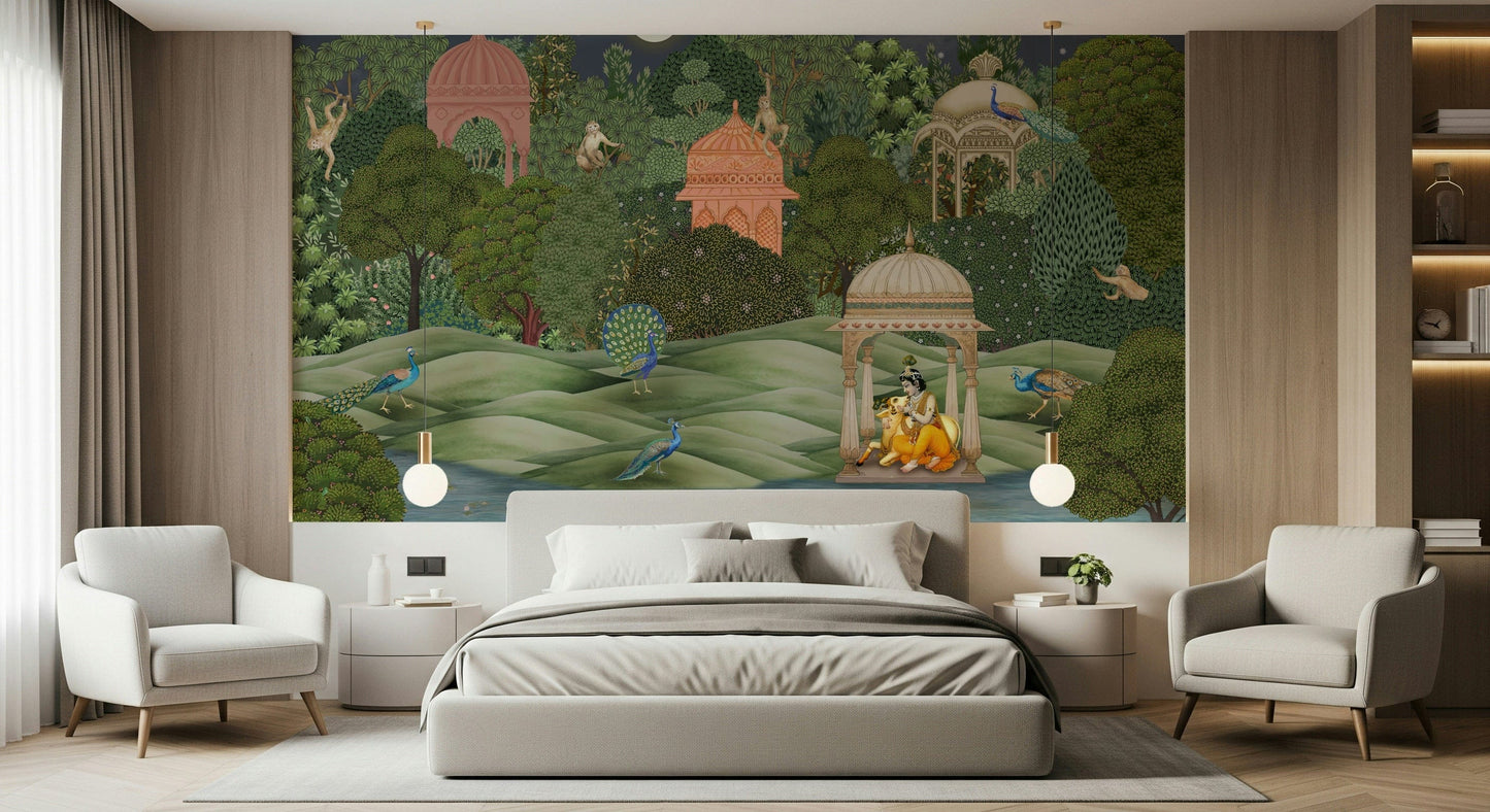 Vanara Vatika mural wallpaper on living room feature wall