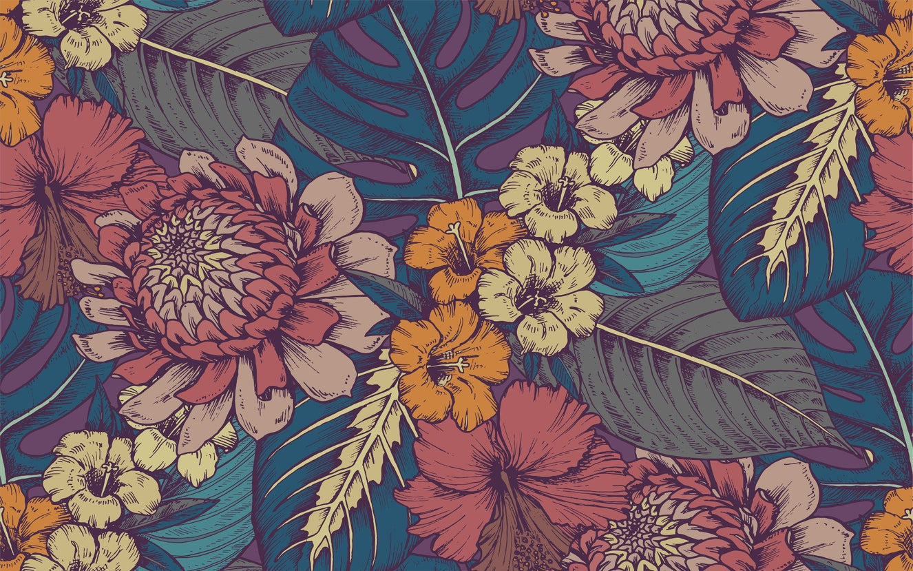 Hand Drawn Tropical Flowers Wallpaper Murals
