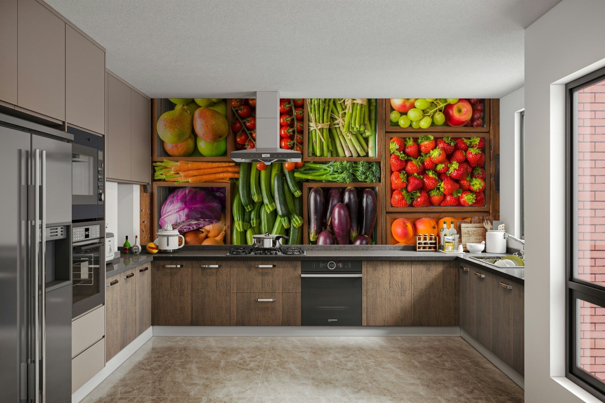 The mural shows a peaceful scene with fresh produce.

