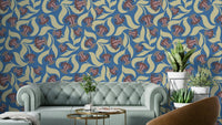 Features stylized representations of flowers, leaves, or botanical elements.
