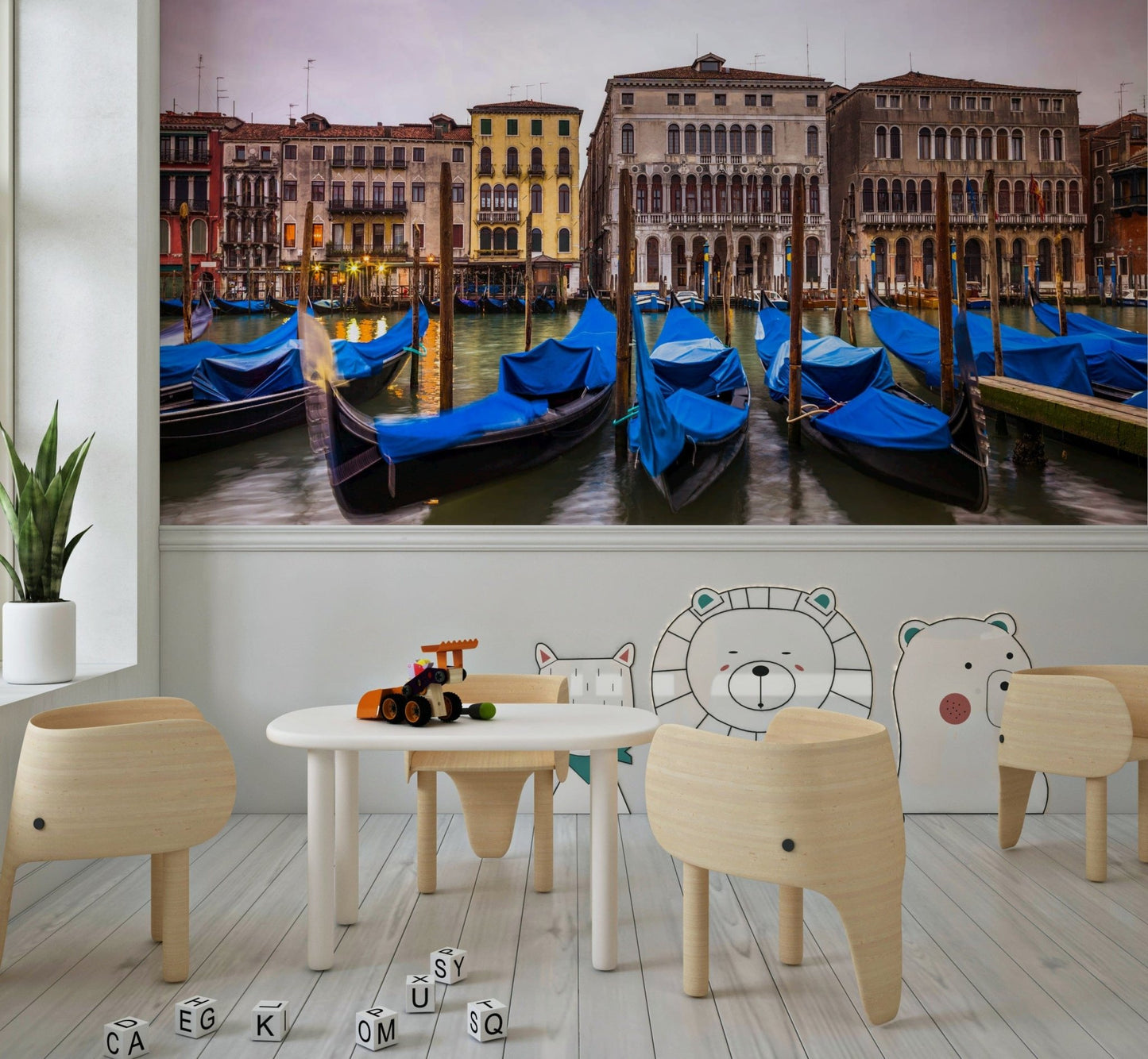 Gloomy overcast Venetian Blues backdrop many parked gondolas stunning decor.