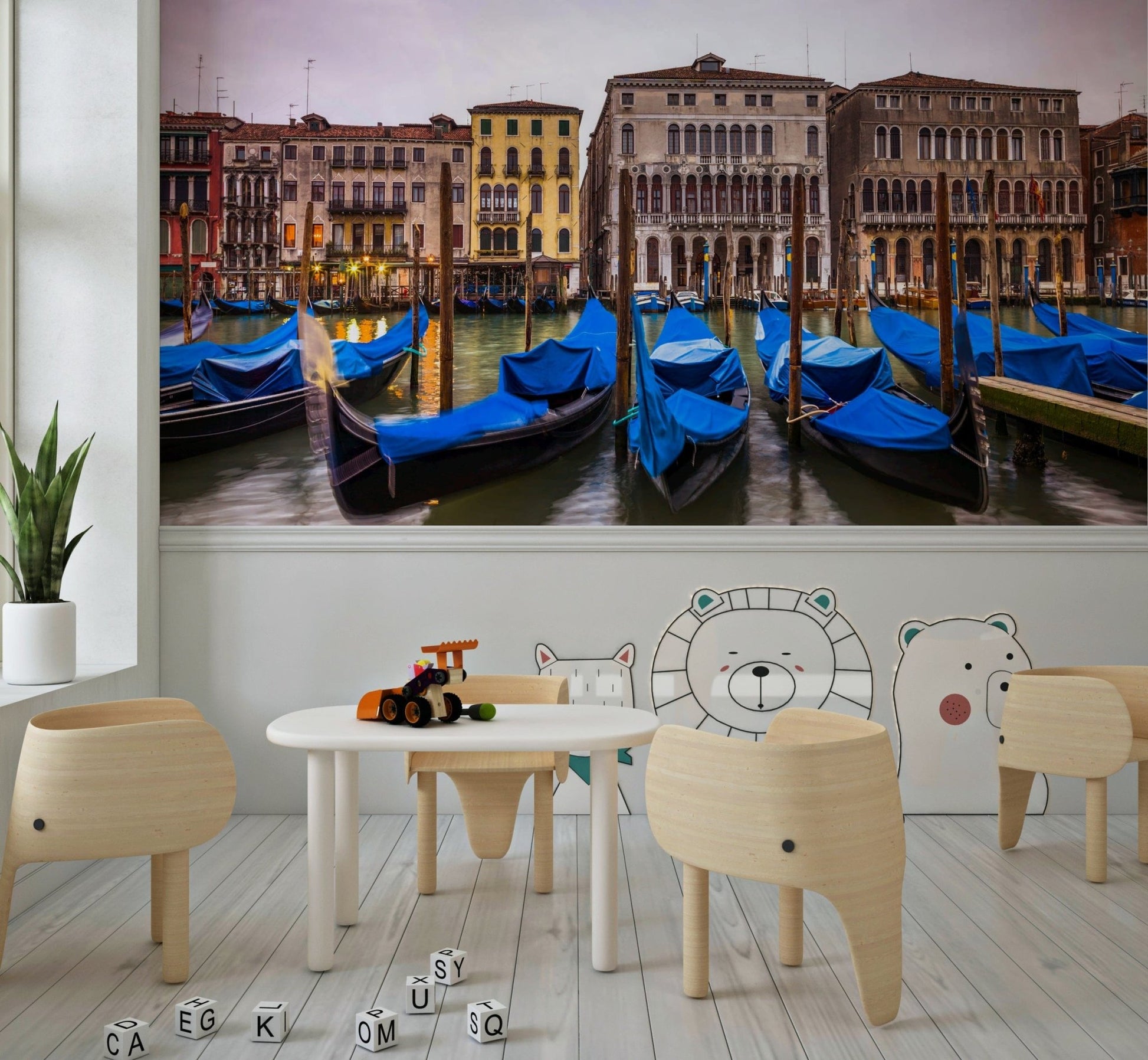 Gloomy overcast Venetian Blues backdrop many parked gondolas stunning decor.