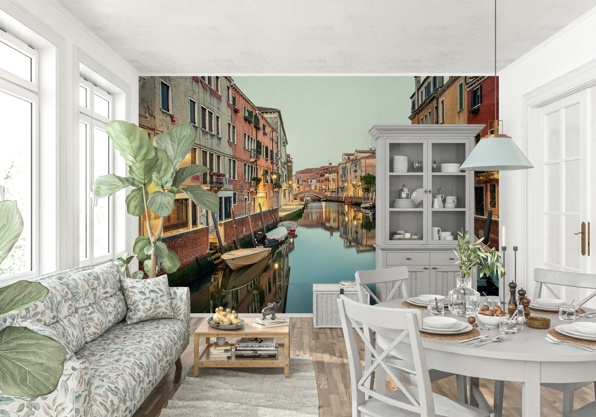 Italian architecture, narrow passage, Venetian Canal Dreams wallpaper design.