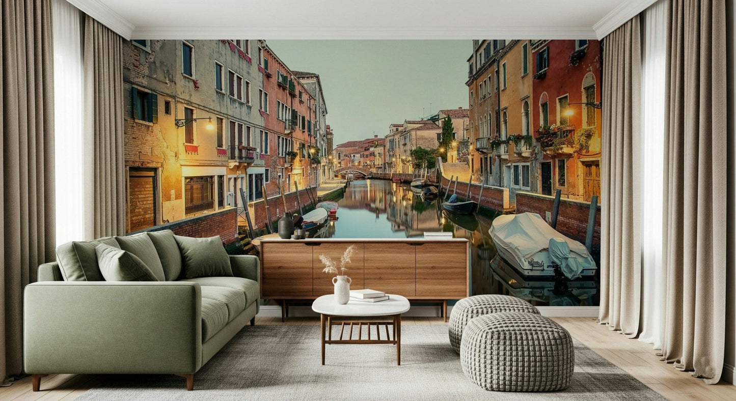 Rustic homes lining a quiet canal, buy Venetian Canal Dreams wall covering.