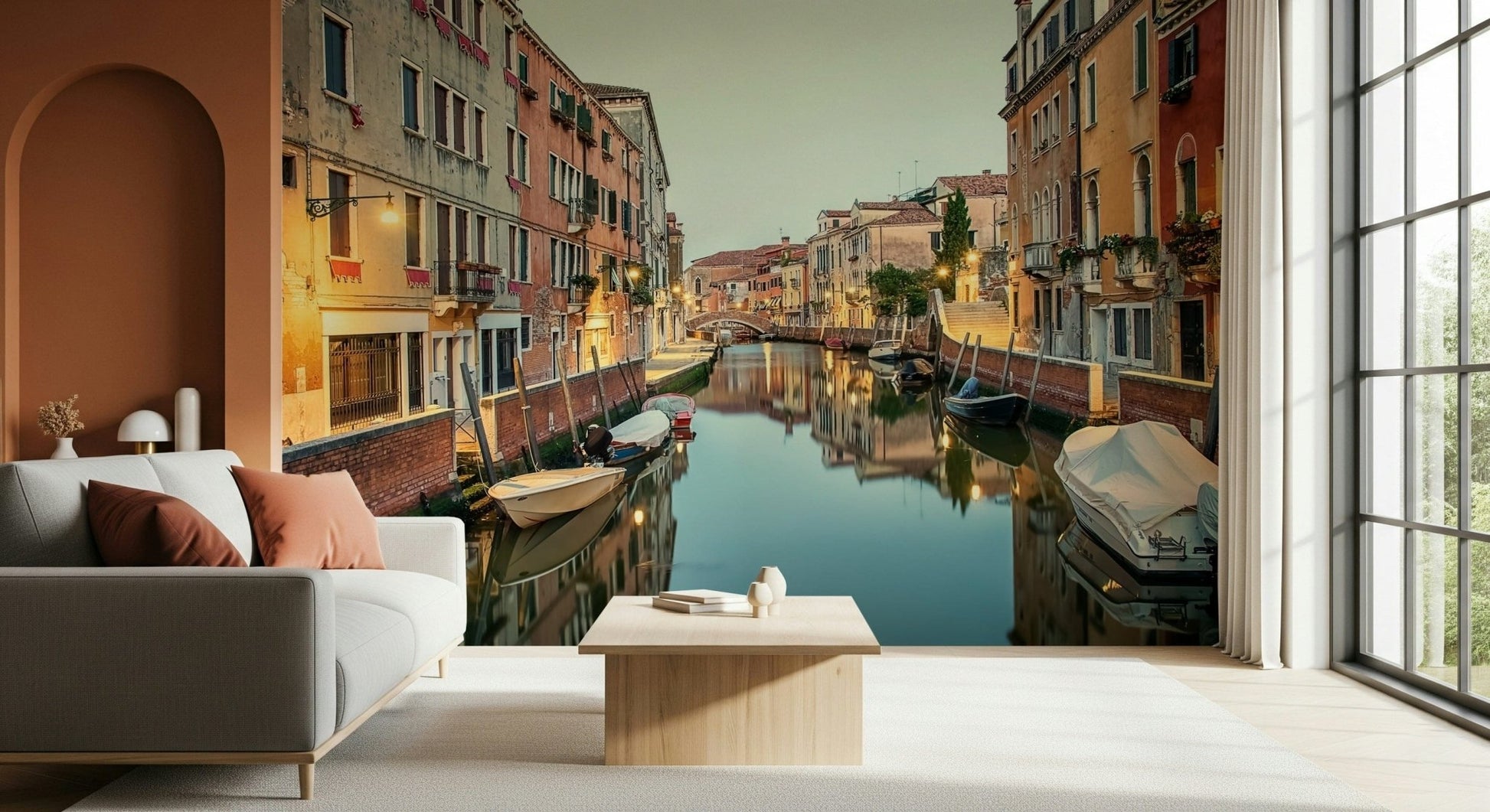 Dusk on a picturesque canal, glowing lamps, Venetian Canal Dreams mural.