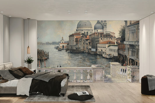 Venetian Canal View wallpaper mural of the Grand Canal and domed church over a grey bed with brown throw