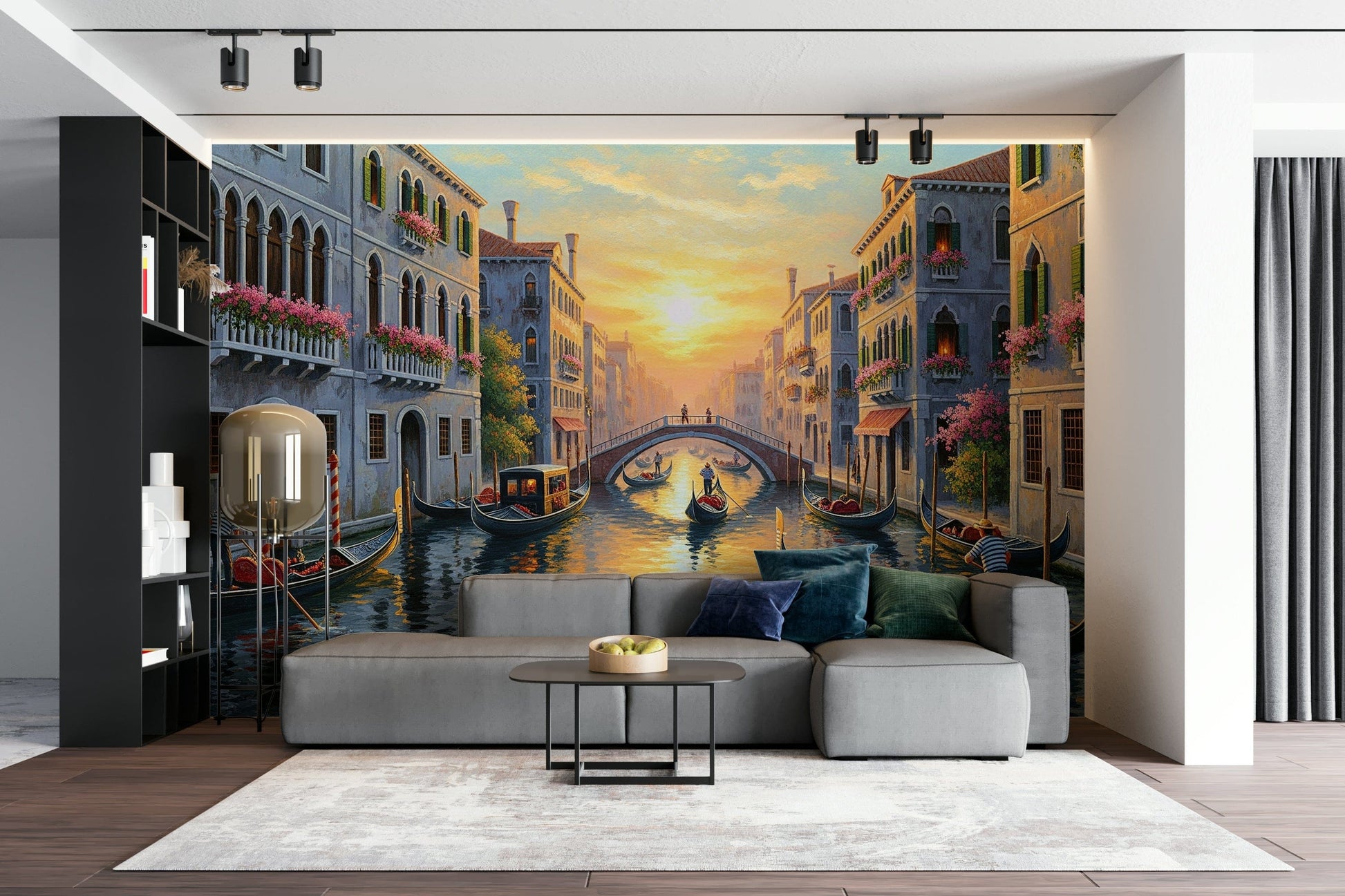 Scenic wallpaper with gondolas on the water

