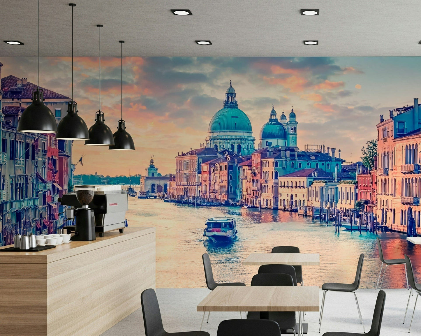 Venetian canal mural in living space, calm modern colour tones