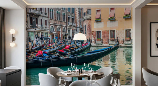 Venetian Gondolas Serenity wallpaper mural of moored black gondolas behind a round dining table and pale chairs