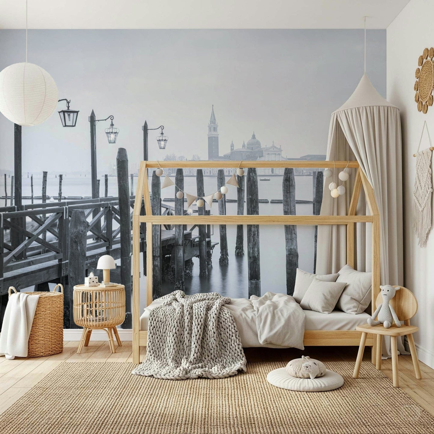 Venetian Stillness decor, serene seascape, dramatic black and white image.