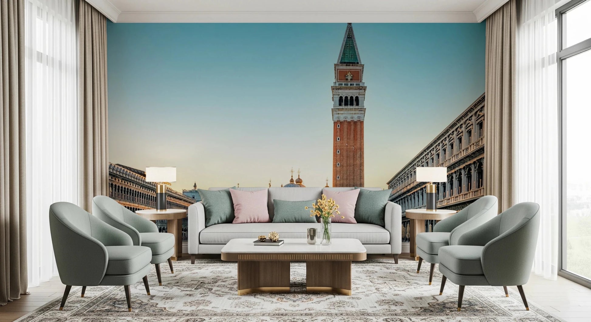 Venetian Sunrise wallpaper mural of the Venice Campanile above a grey sofa flanked by sage armchairs and lamps