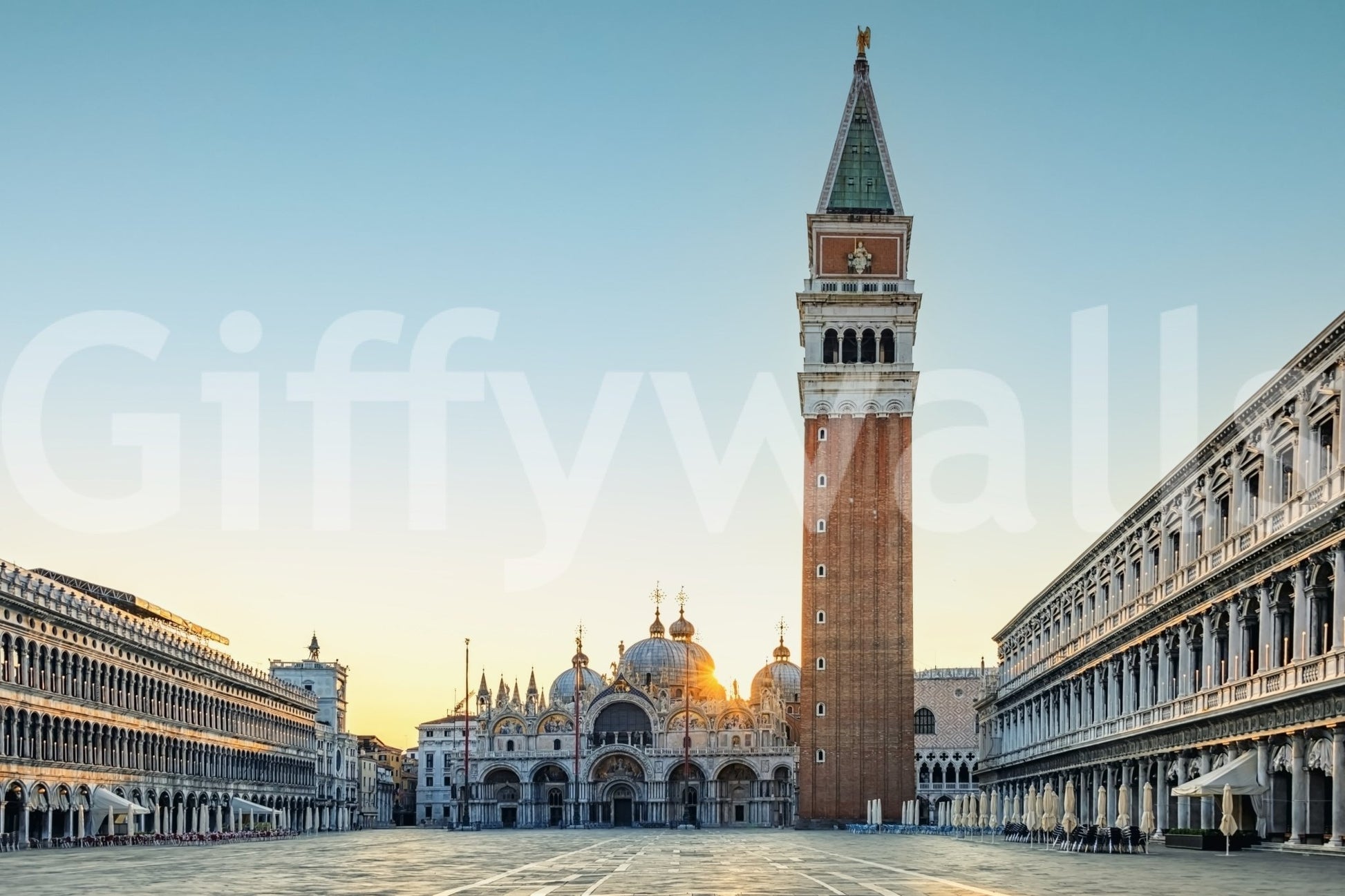 Venetian Sunrise wallpaper mural shown as a close-up of St Mark's Square and the Campanile at sunrise