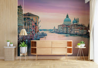 Venice waterway Canal Dream mural stunning pink purple sky.