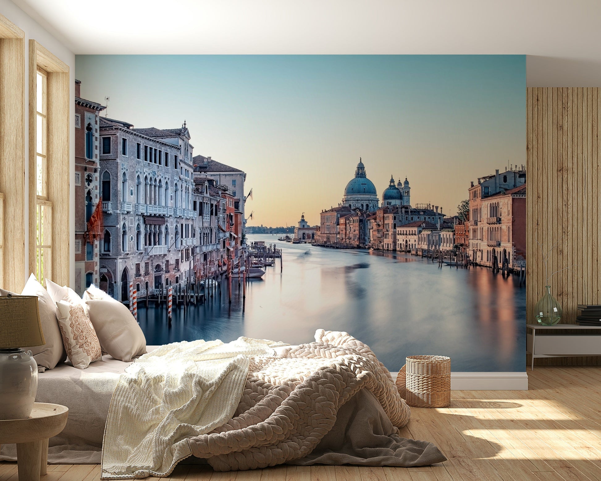 Grand Canal Serenity Wall Mural behind sofa, neutral colour home styling