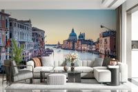 Canal landscape mural in hallway, calm colour and tidy layout