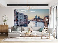 Waterside canal mural in home office, calm styling backdrop