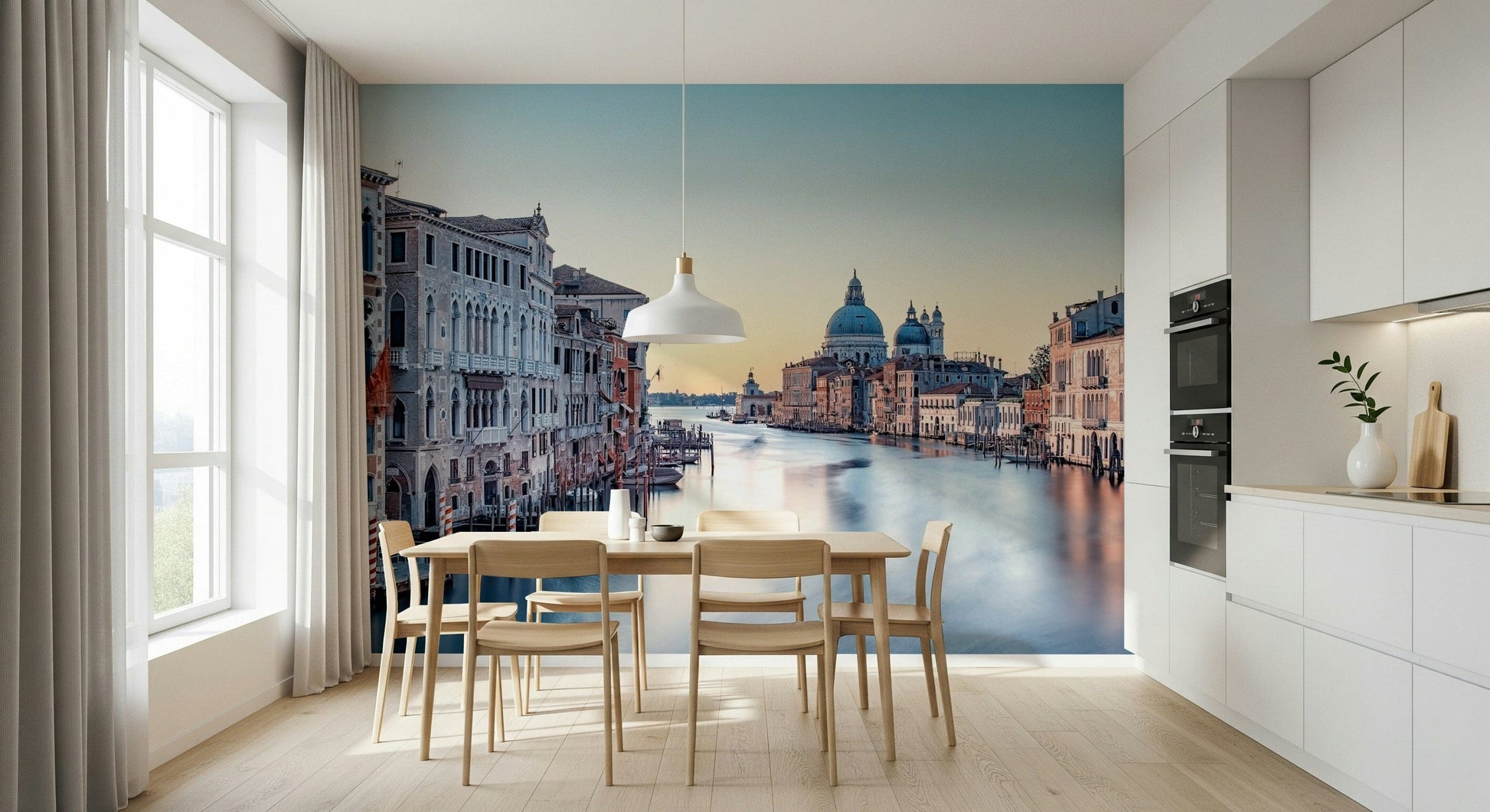Canal scene mural in bedroom, soft colour palette and depth