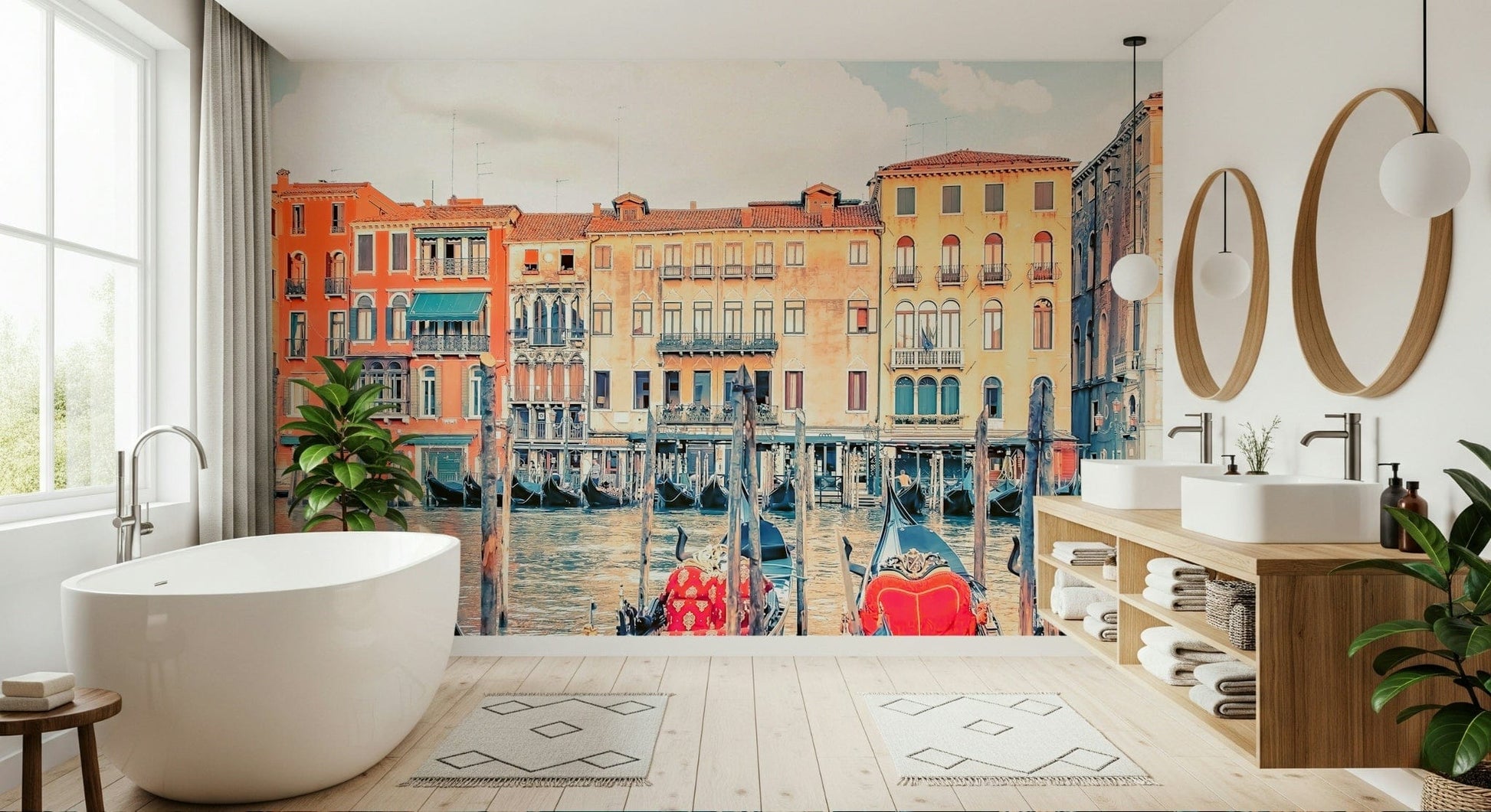 Picturesque Venice Dreamscape wall art, traditional gondolas await travel.