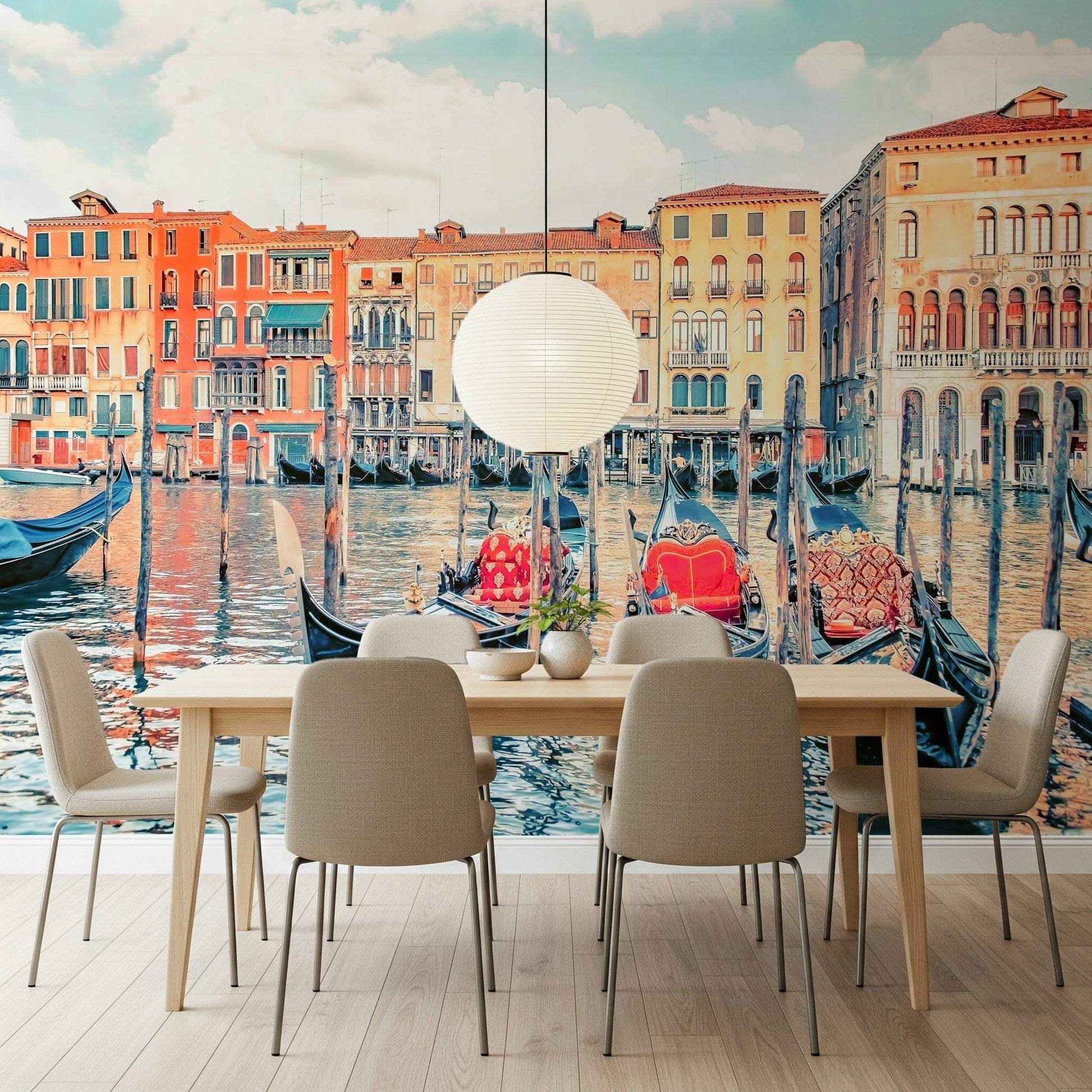 Venice Dreamscape mural, gondolas moored, vibrant Renaissance architecture.