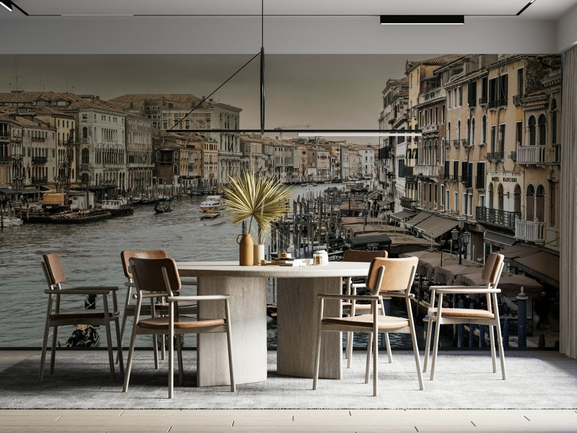 Historic buildings in beige and ochre along the canal.

