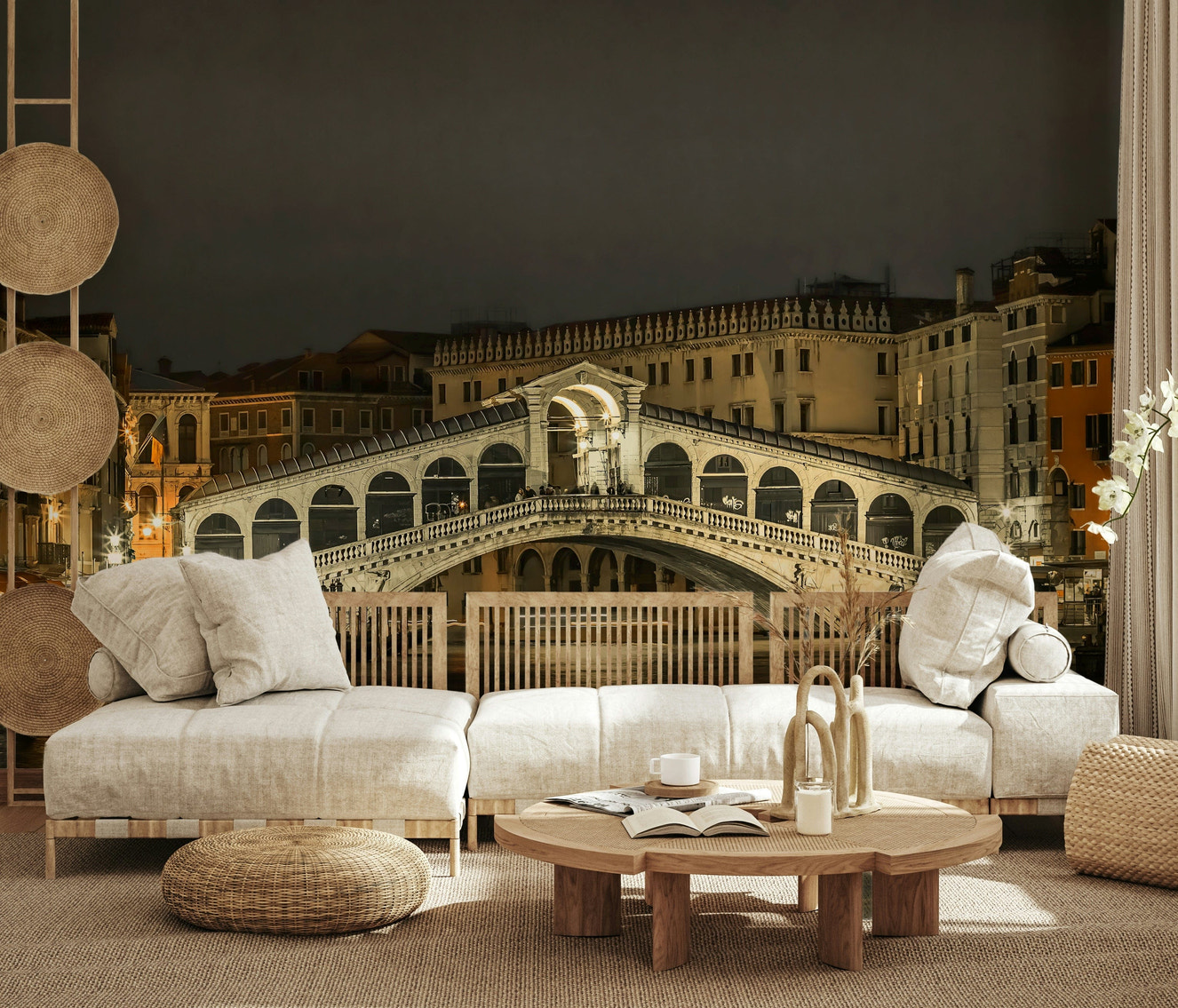 Rialto Bridge night wall mural in living room, canal reflections and monochrome-friendly home décor