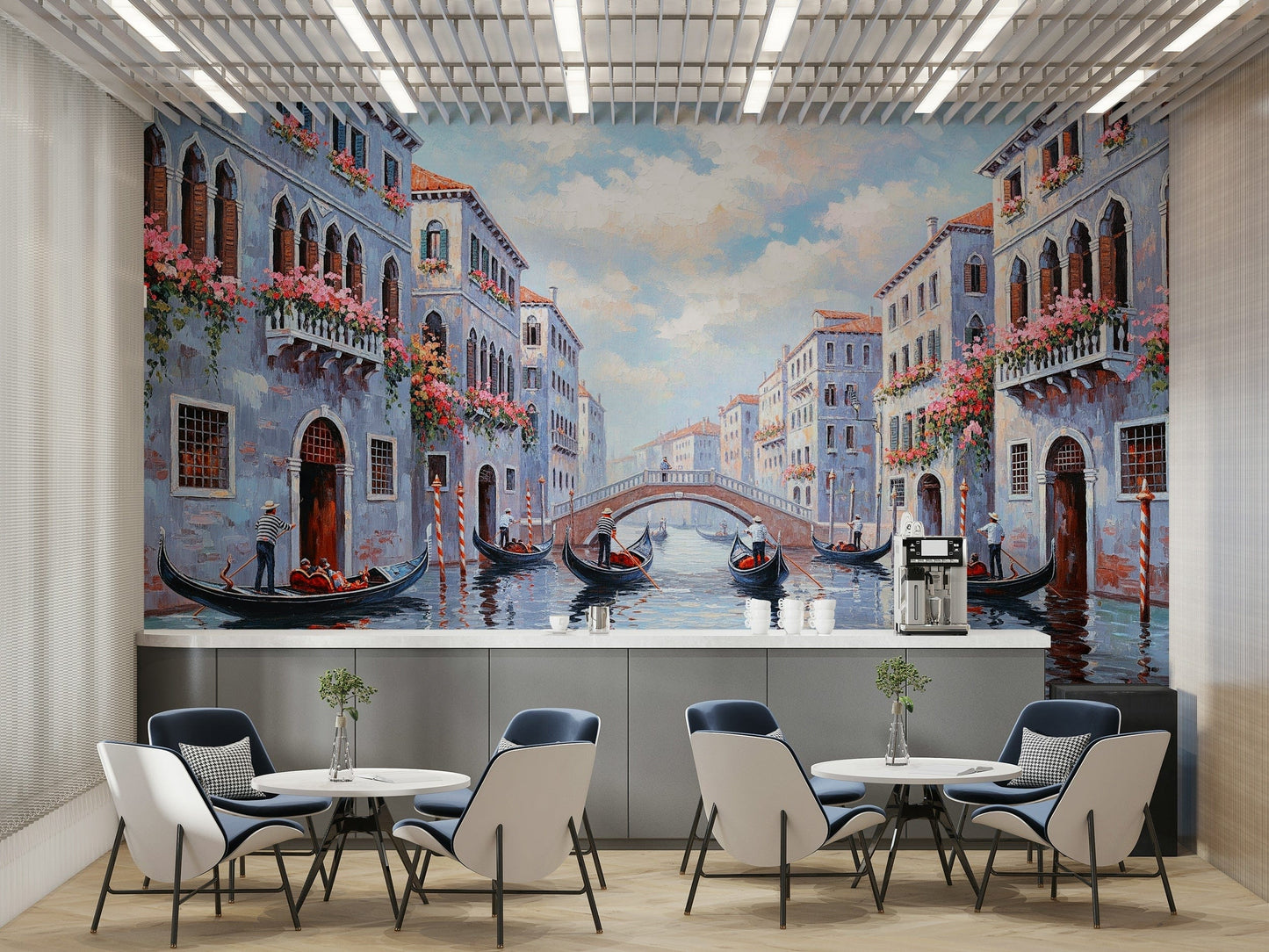 Scenic wallpaper with gondolas on the water

