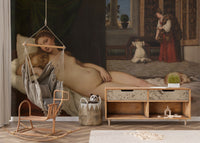 Reclining Venus of Urbino mural with Renaissance-inspired design.
