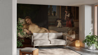 Venus of Urbino mural with roses, dog, and classical interior.
