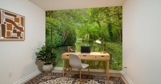 Verdant Stream Escape A winding dirt trail beside a mirror-like, dark river.