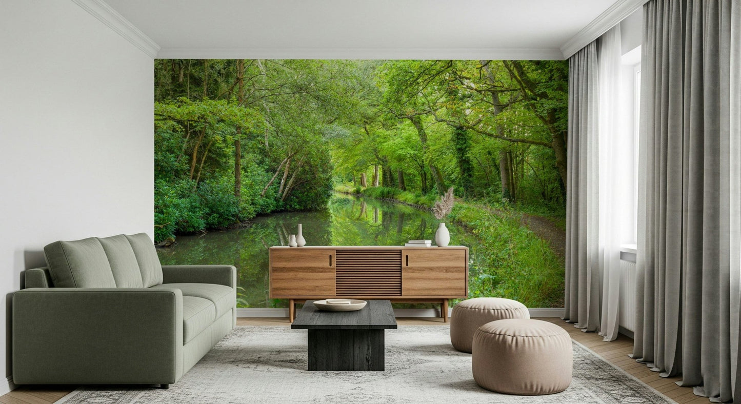 Placid water reflection, Verdant Stream Escape wallcovering, a quiet, inviting haven.