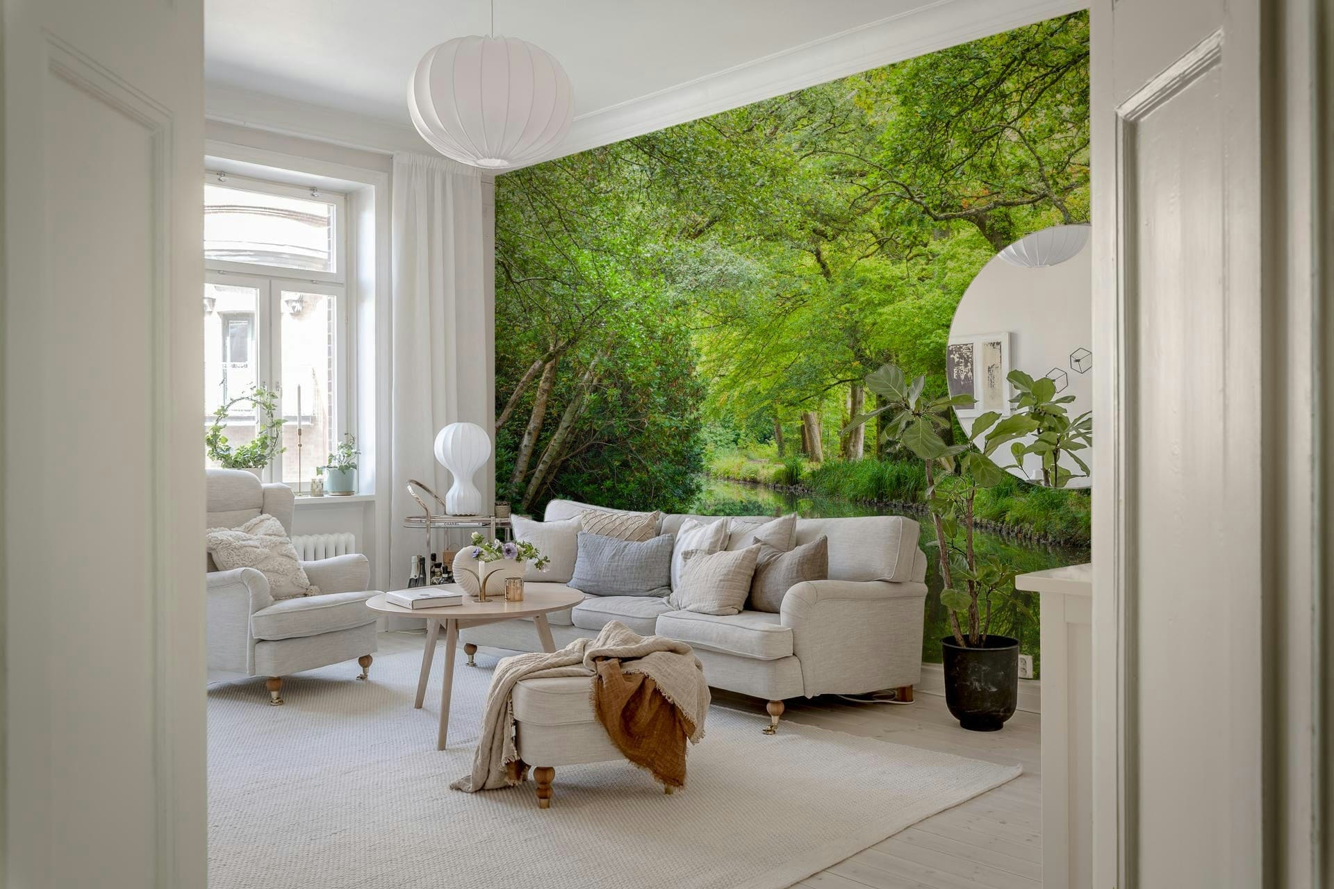 Forest canopy arching over still water; Verdant Stream Escape wallpaper.