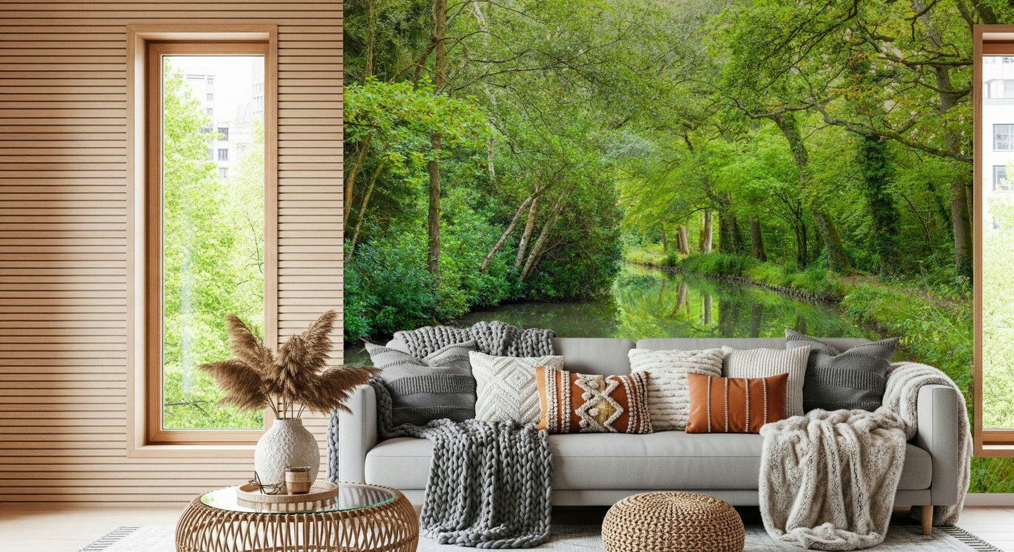 Stream Escape nature wallpaper mossy banks, towering wood, a relaxing, deep-green sanctuary.