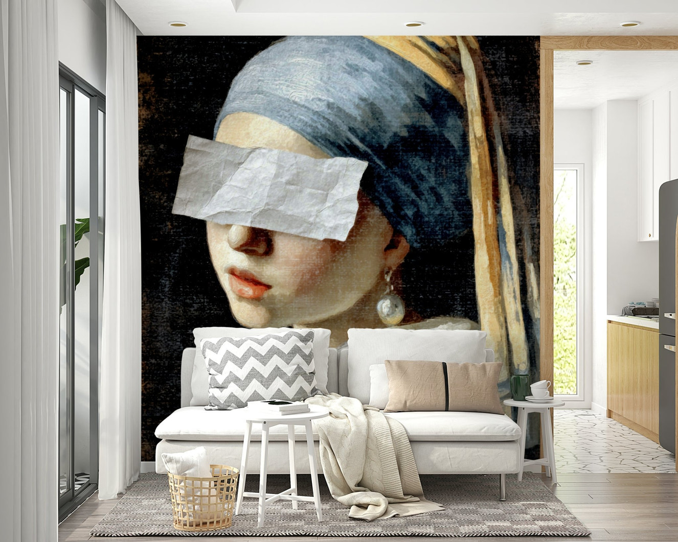 Wall mural of a modern, playful take on a classic painting.

