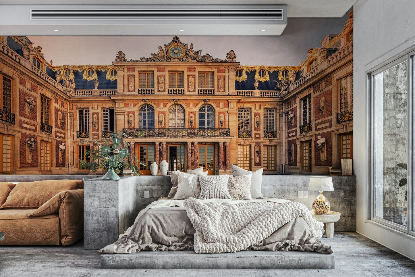 A peaceful Baroque style mural on decorative wallpaper.

