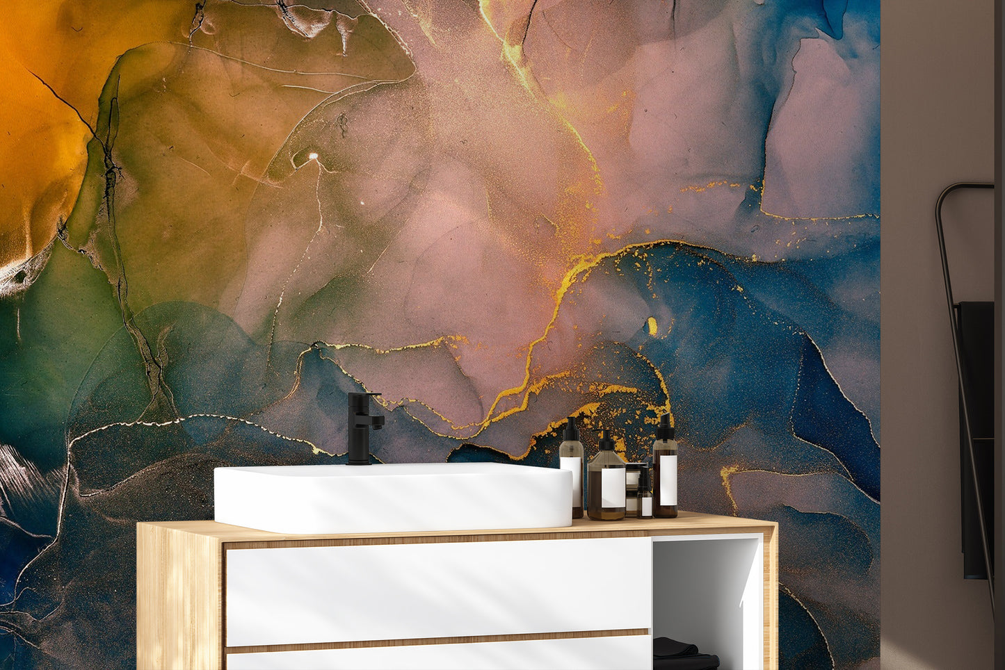 Artistic expressionist wall mural with layered alcohol ink medley patterns.