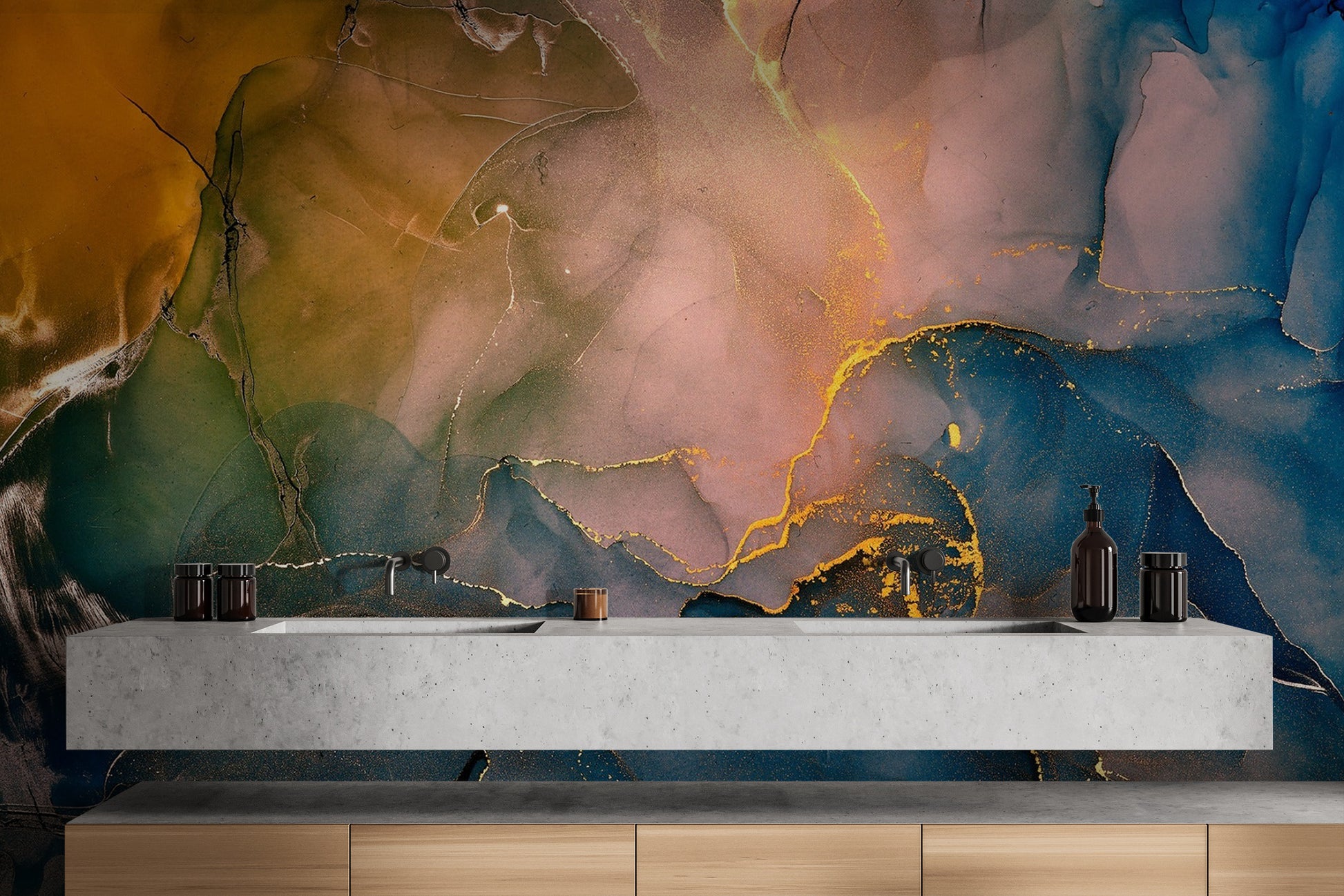 Sophisticated restroom wallpaper mural showing metallic gold accents on a colorful base.