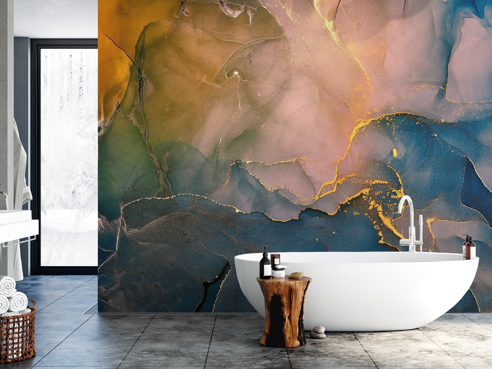 Minimalist white background wallpaper mural with bright ink medley splatters.