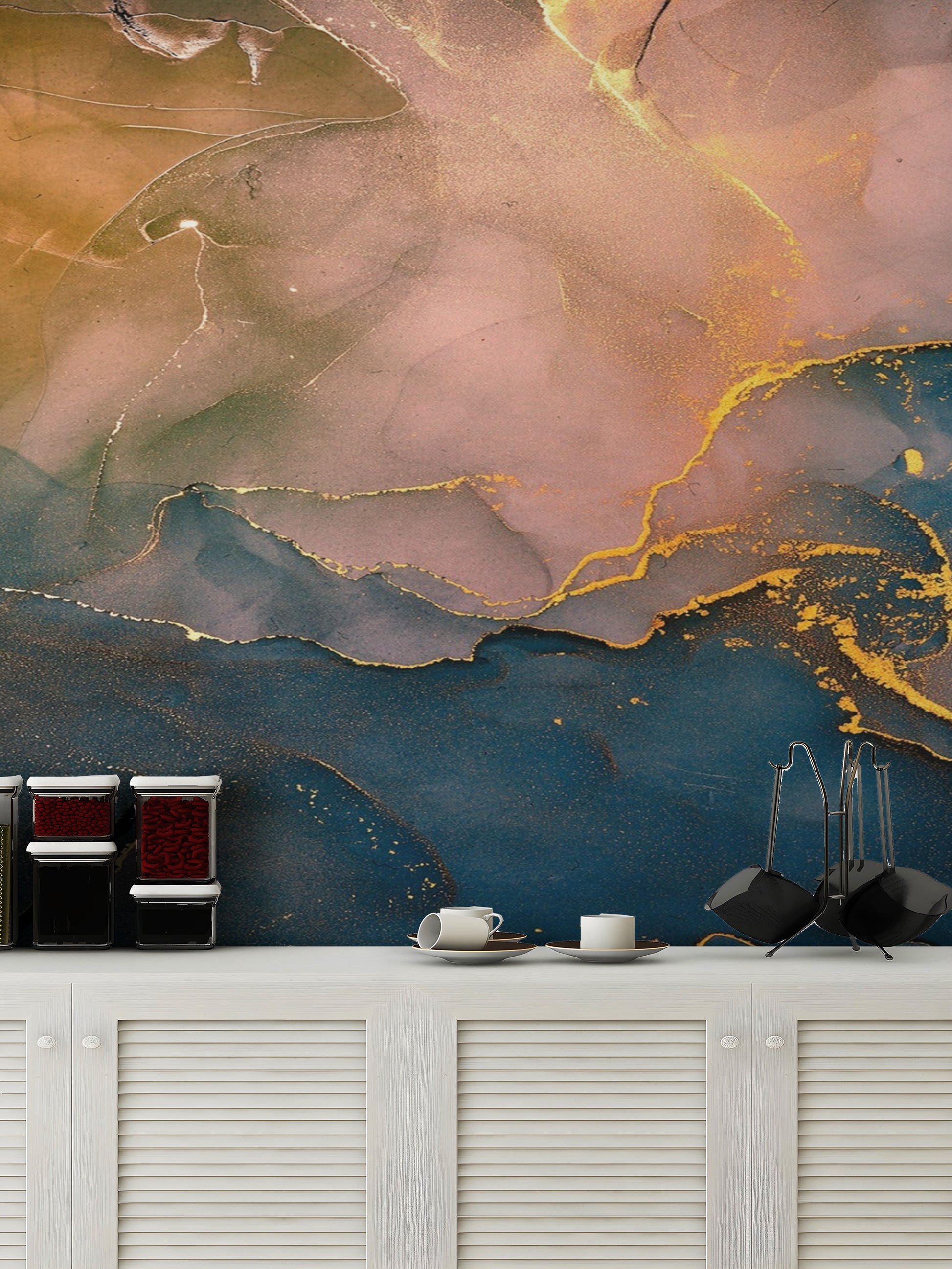 Detailed multi-color wall mural depicting a dreamy translucent ink landscape.