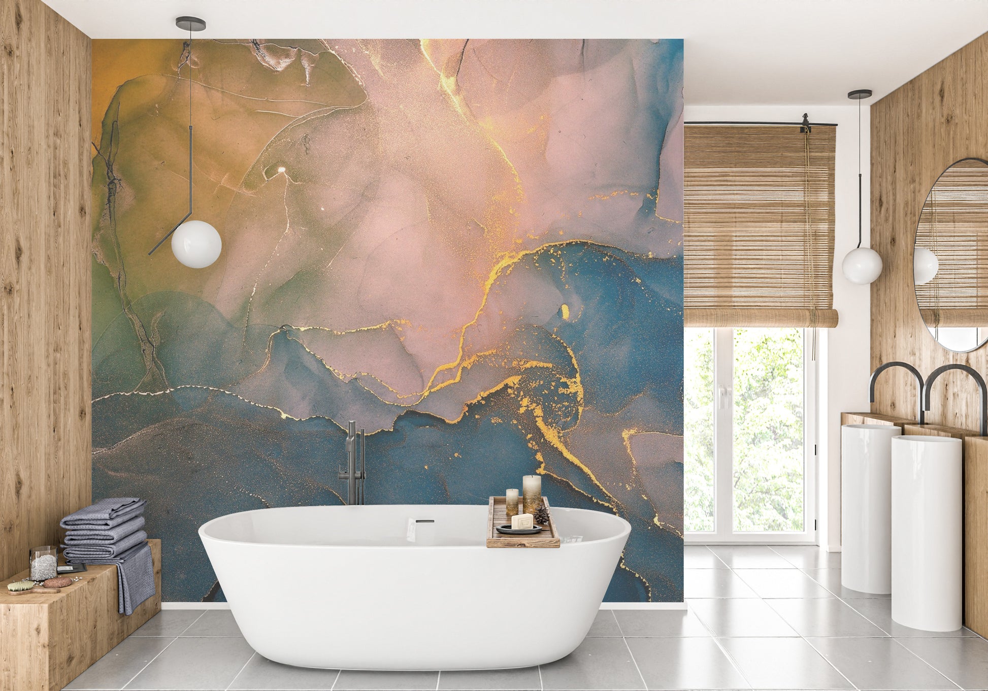 Modern artistic wallpaper mural with ethereal flowing rainbow textures.