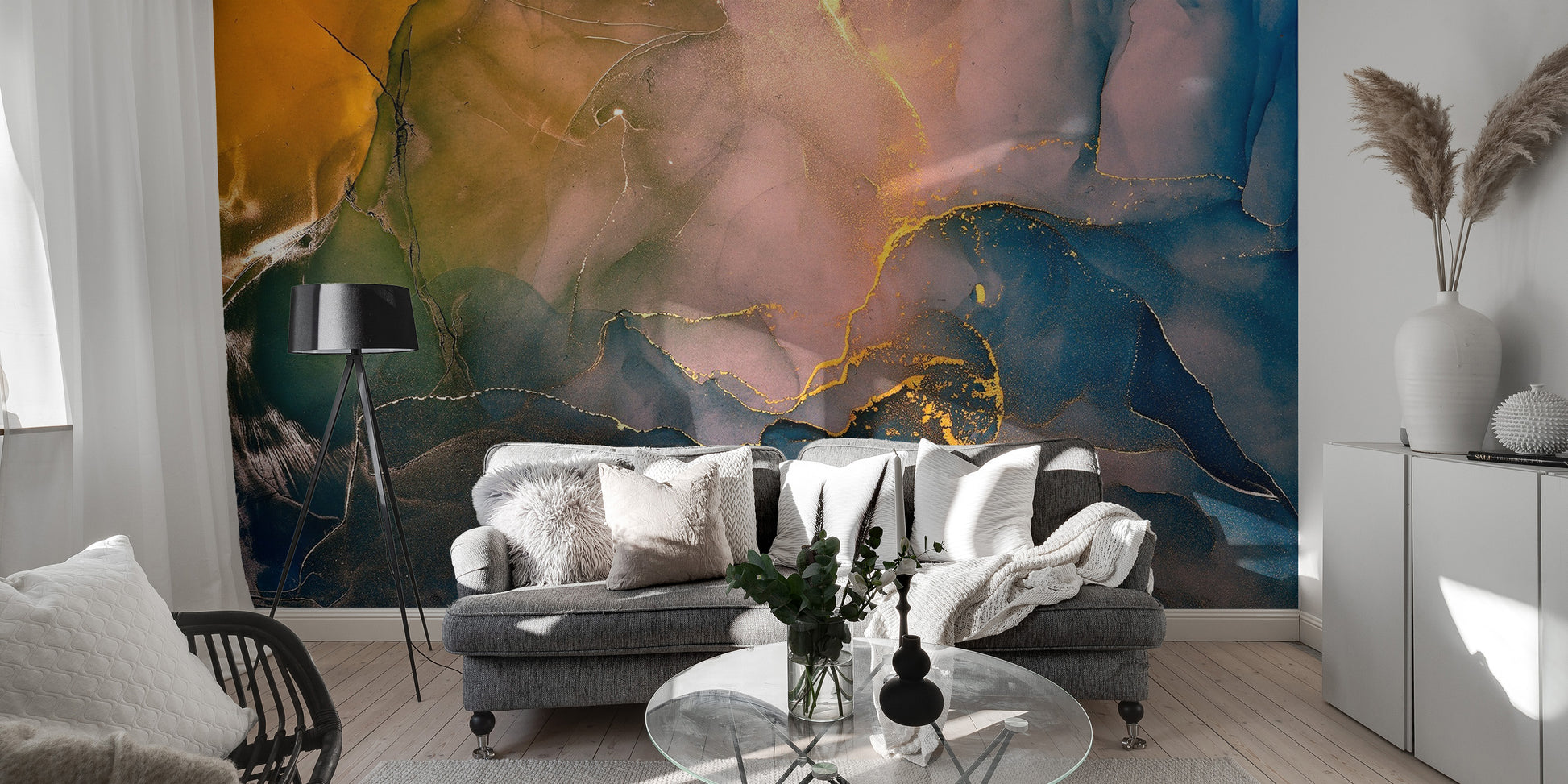 Abstract liquid marble wall mural with a diverse blend of colorful ink washes.