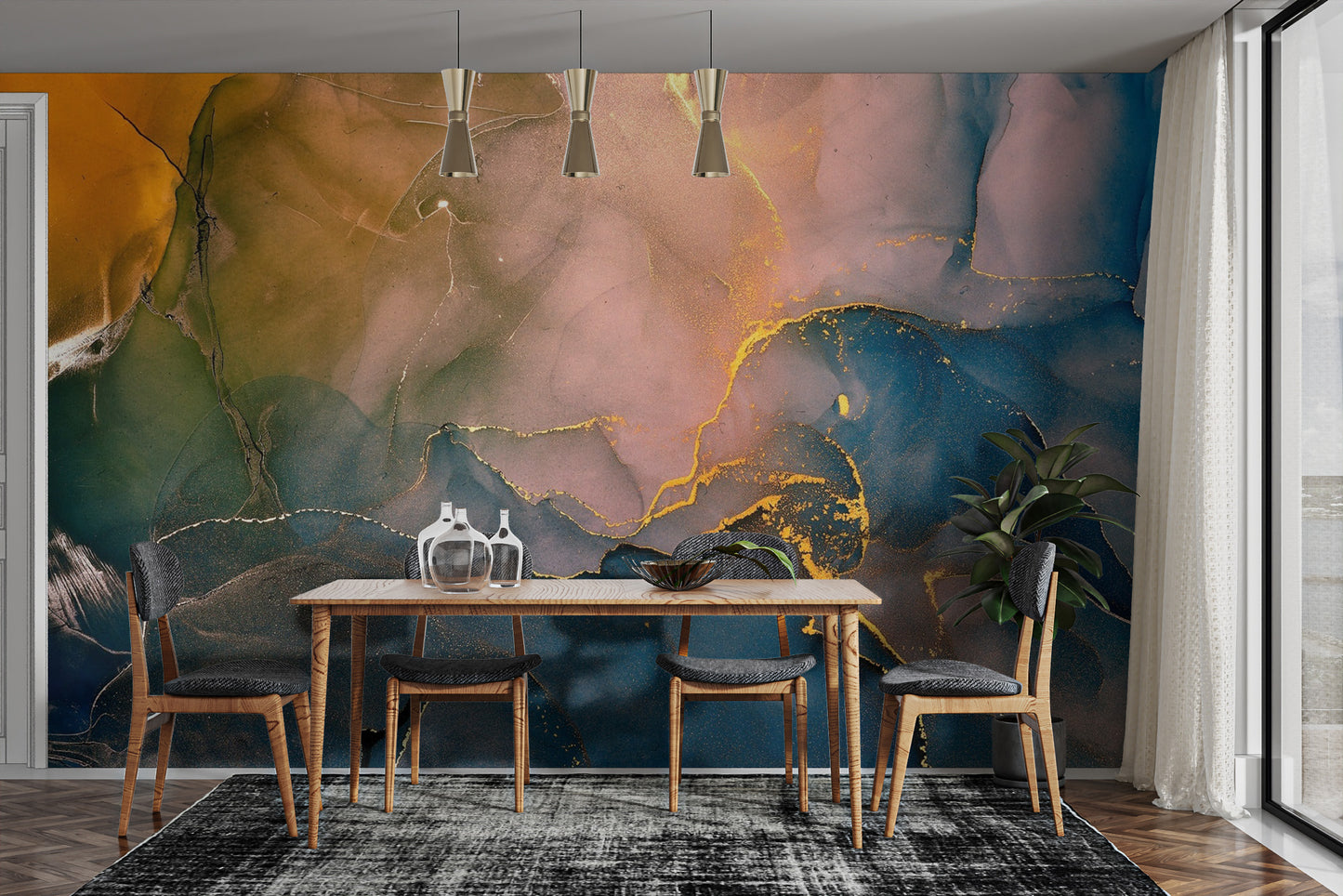 Alcohol ink medley wallpaper mural featuring vibrant teal and magenta swirls.