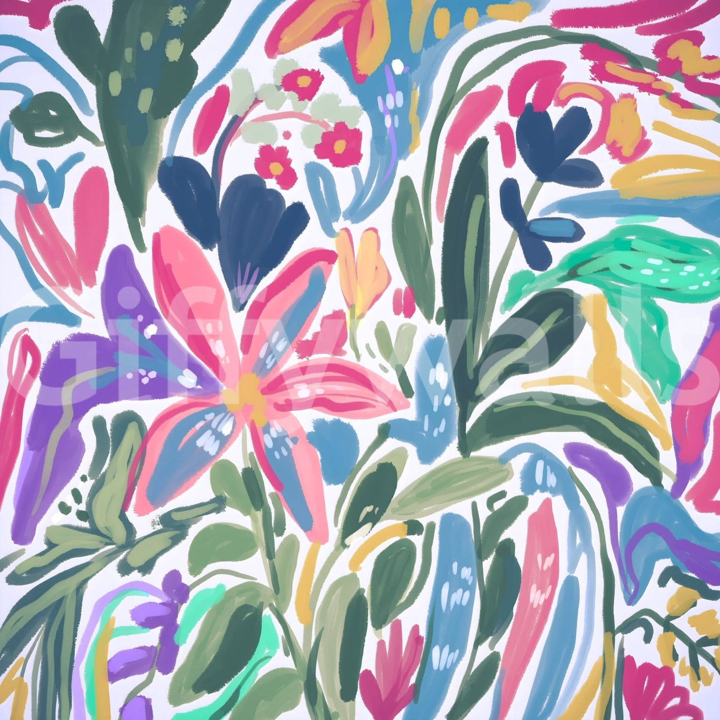 Botanical Vibrant Mural – Lively garden-inspired artwork with flourishing blooms and natural textures for home décor.