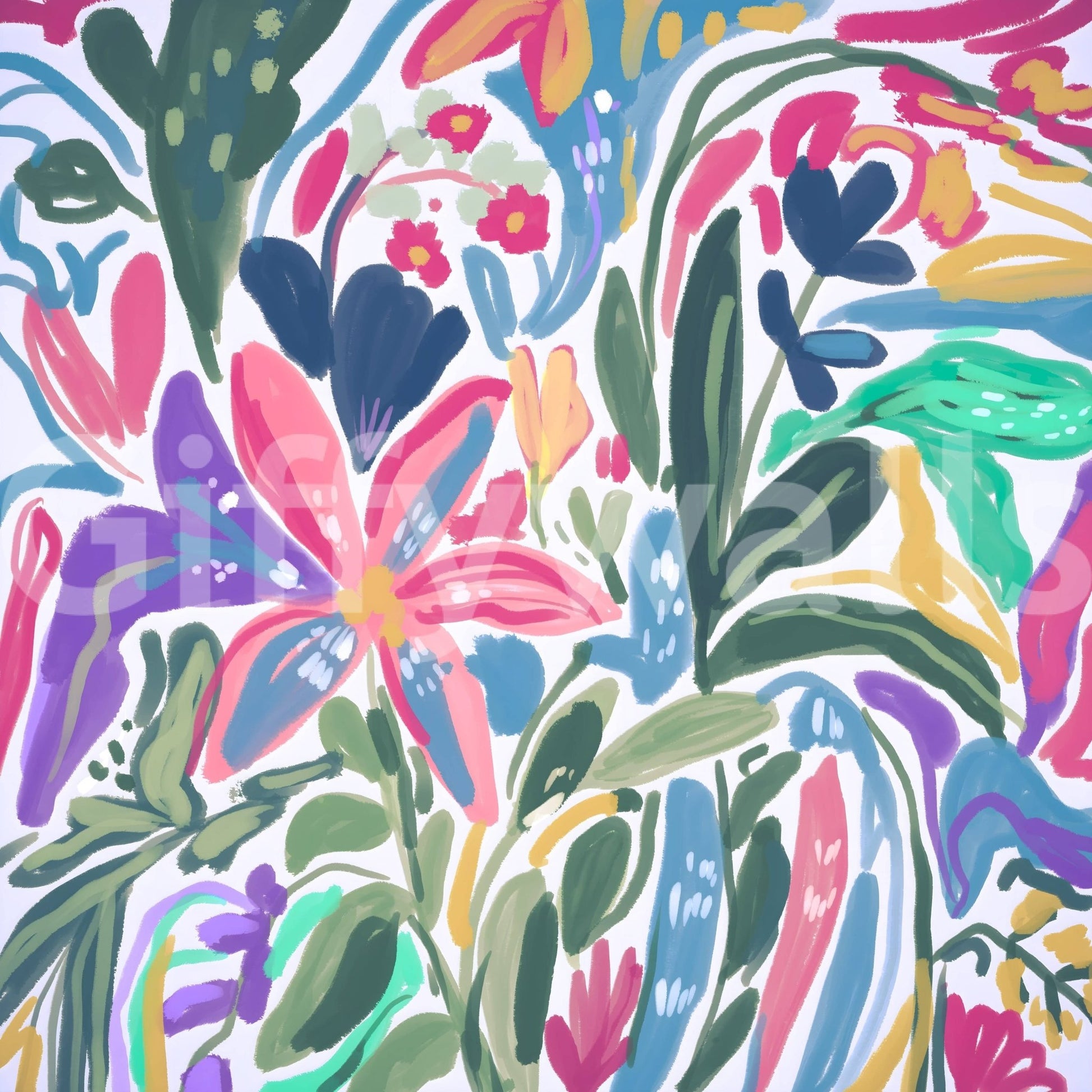 Botanical Vibrant Mural – Lively garden-inspired artwork with flourishing blooms and natural textures for home décor.
