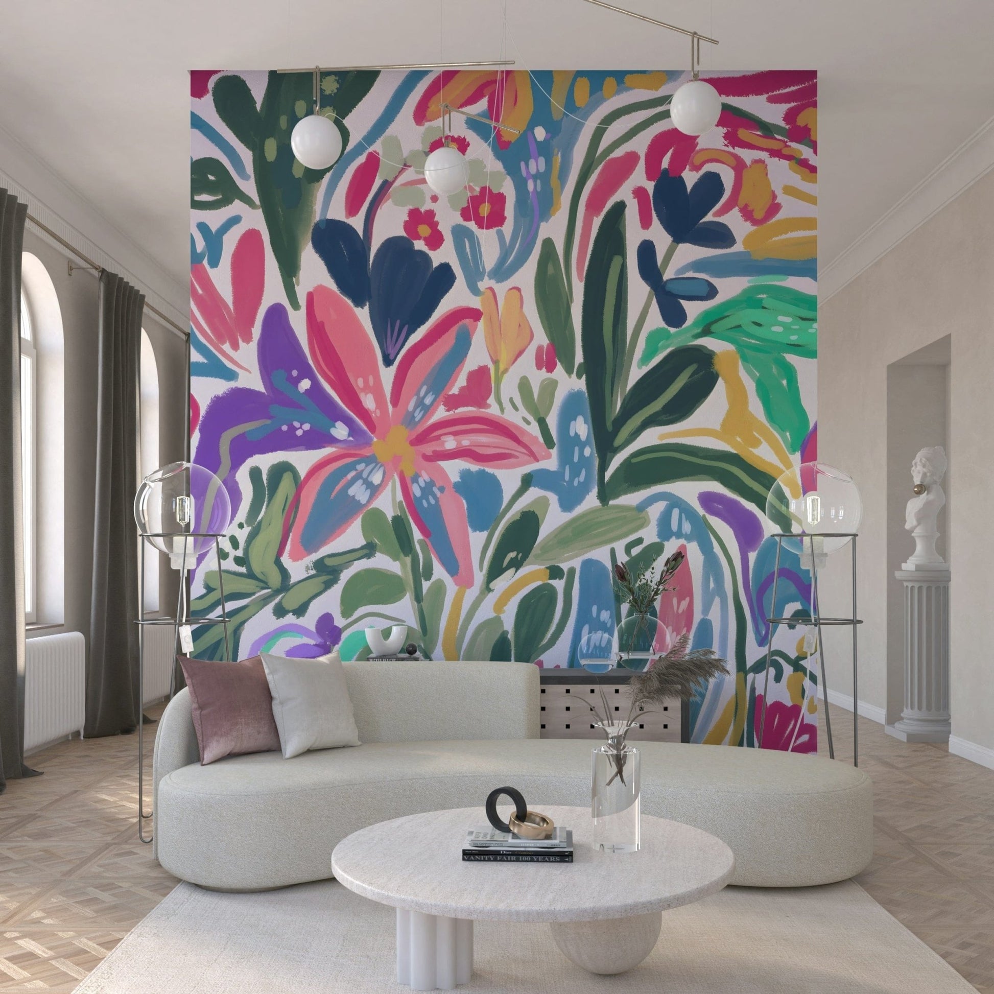 Vibrant Garden Wall Mural – Artistic floral landscape with lively petals and leaves creating a joyful atmosphere.