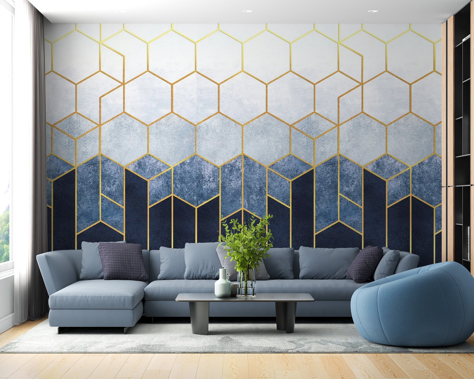 Blue & Gold Hexagonal Pattern Geometric wallpaper Murals - Giffywalls