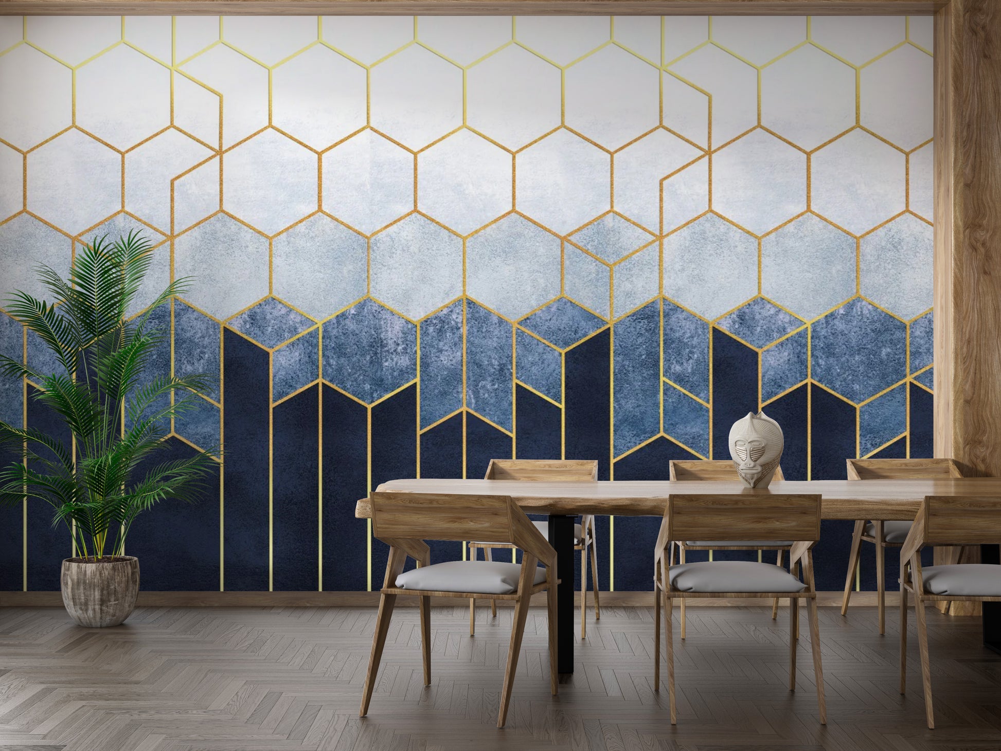 Blue & gold hexagonal pattern mural for walls
