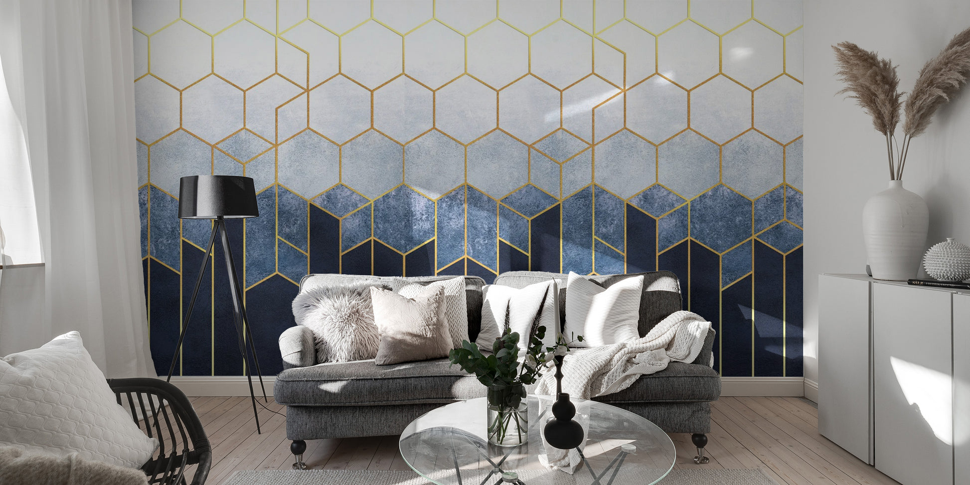 Elegant blue and gold hexagonal wallpaper mural
