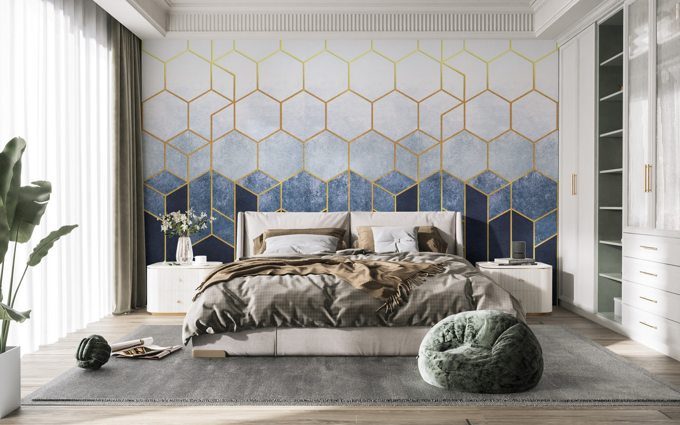 Blue & gold hexagonal geometric wallpaper mural
